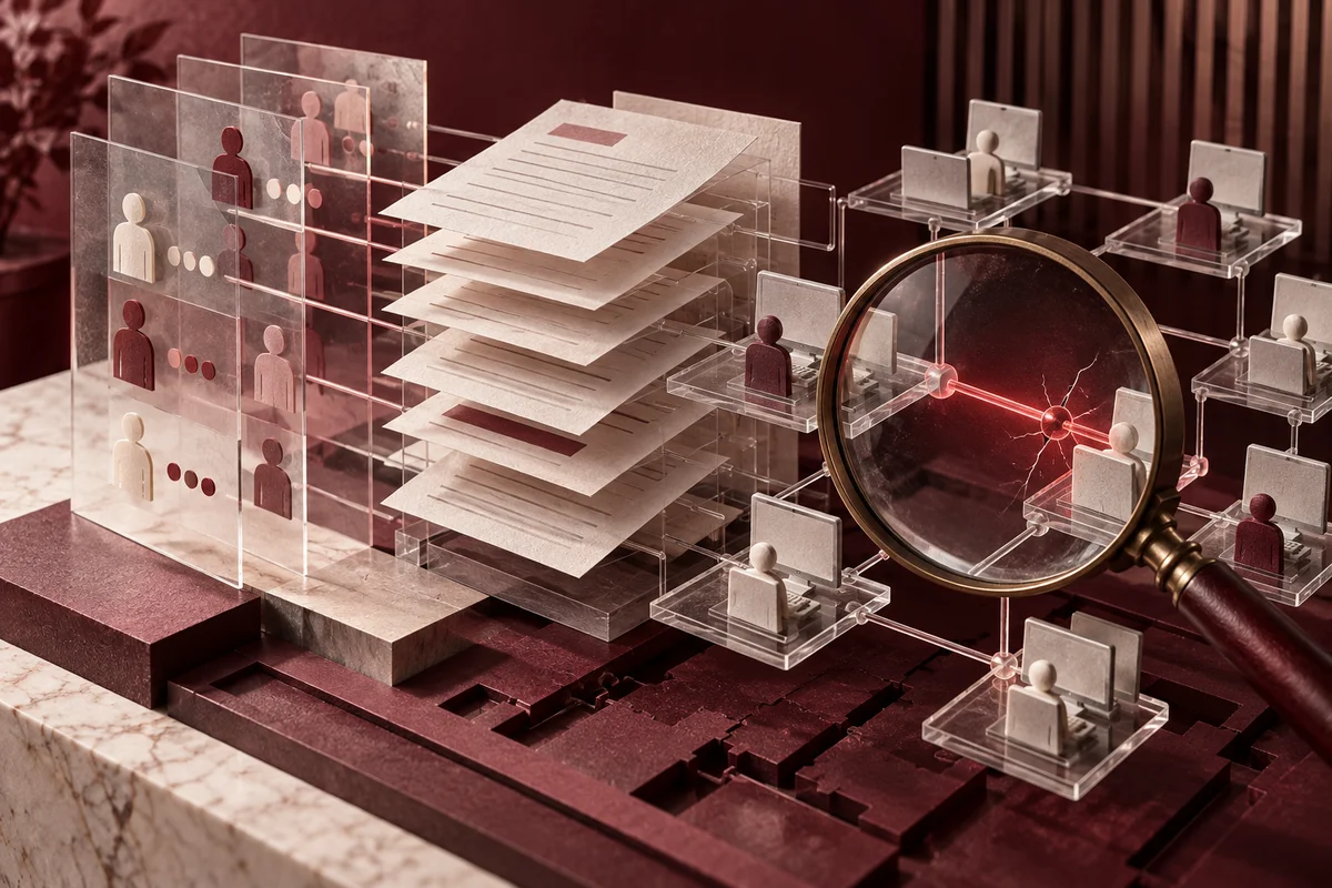 Concept illustration of organisational security layers being examined through a magnifying lens.